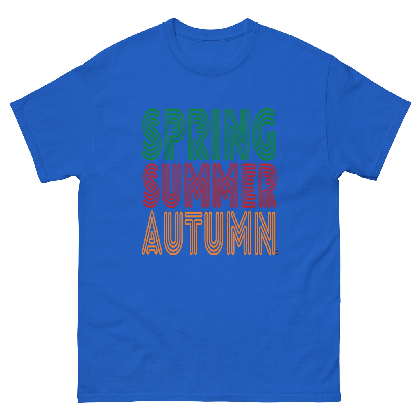 Royal Blue t-shirt with 'Spring Summer Autumn' text in different colors on a white background