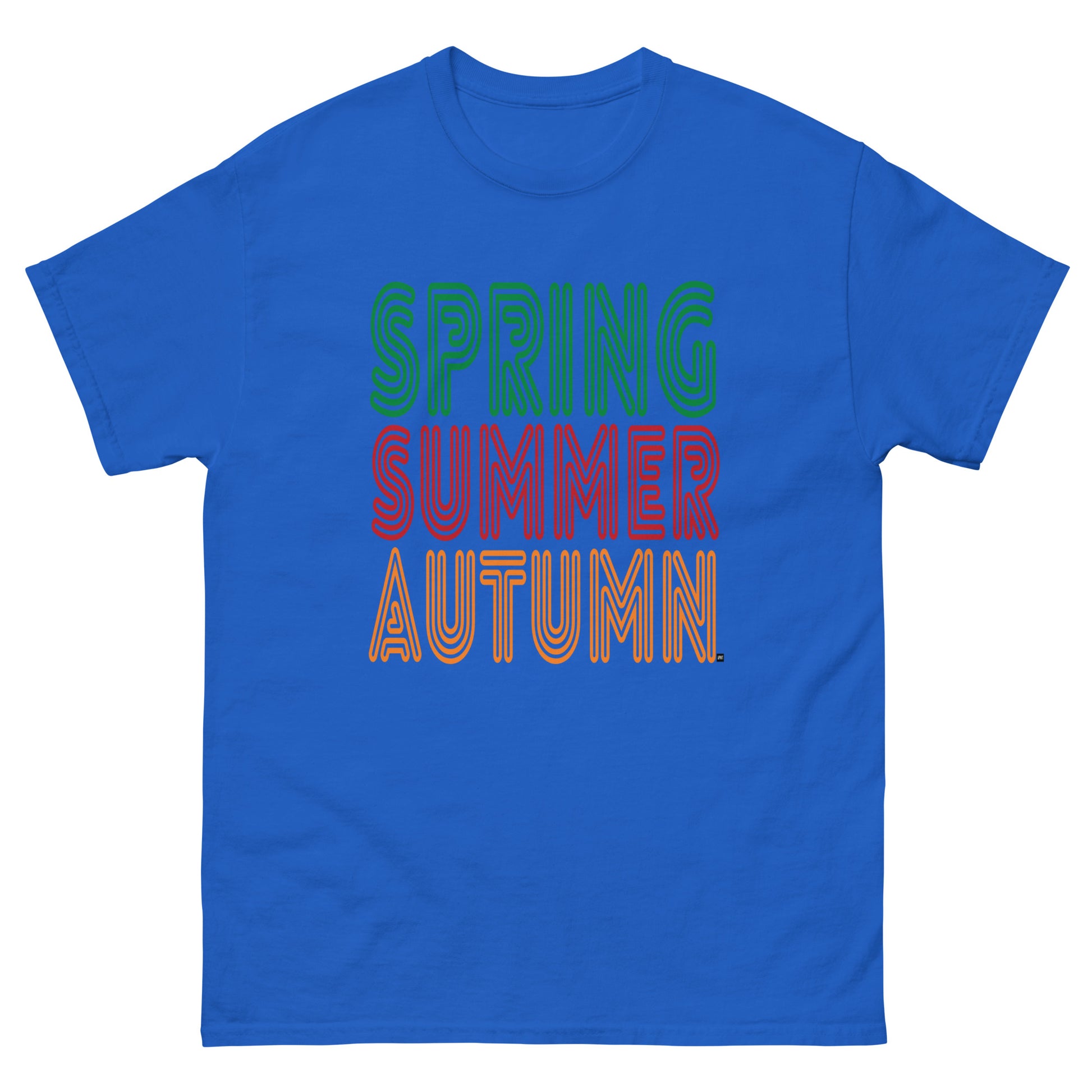 Royal Blue t-shirt with 'Spring Summer Autumn' text in different colors on a white background