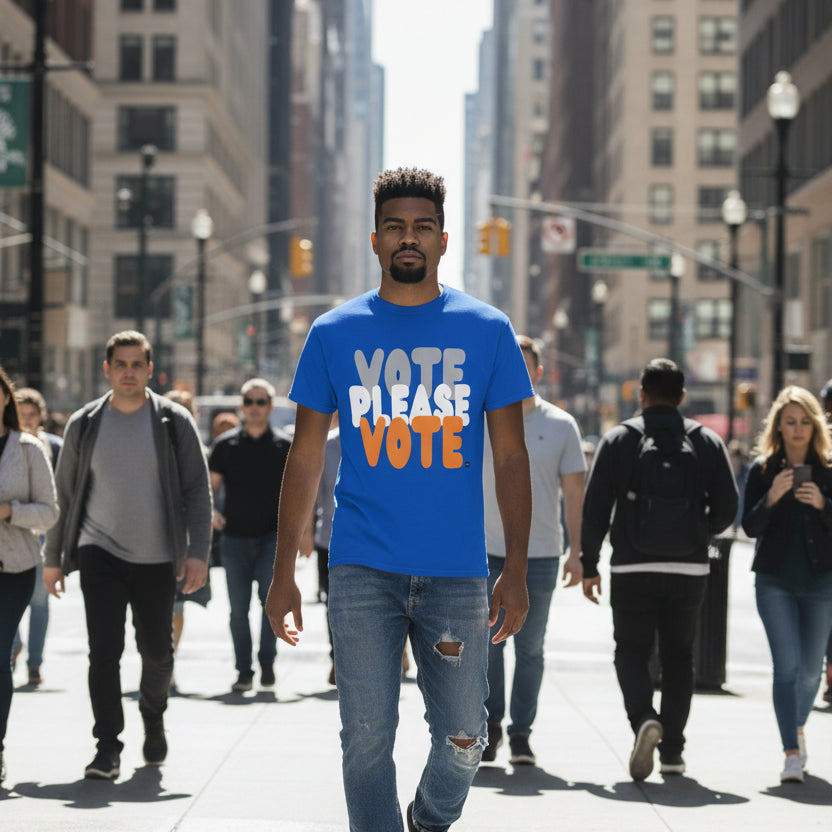 Man walking down the street wearing the APWT Gift Shop's Please Vote in Blue and Orange Unisex T-Shirt from the Community Collection