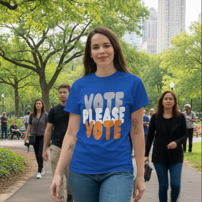 Woman walking in the park wearing the APWT Gift Shop's Please Vote in Blue and Orange Unisex T-Shirt from the Community Collection