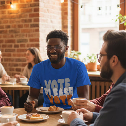 Man sitting in a cafe wearing the APWT Gift Shop's Please Vote in Blue and Orange Unisex T-Shirt from the Community Collection
