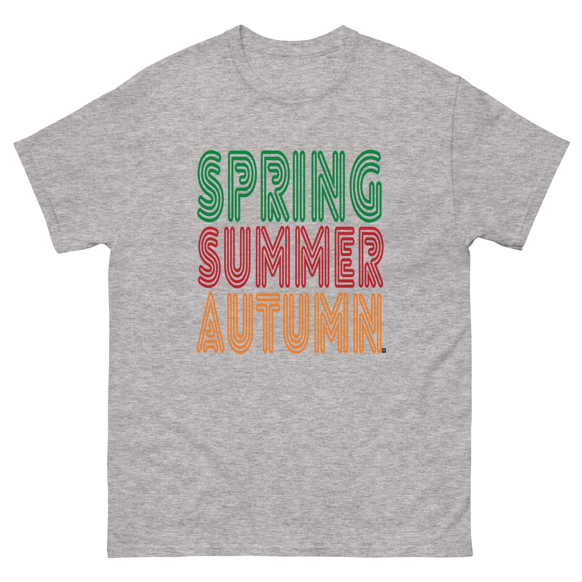 Gray t-shirt with 'Spring Summer Autumn' text in colorful letters on a white background