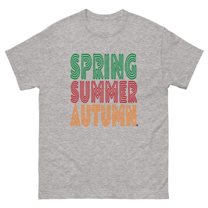 Gray t-shirt with 'Spring Summer Autumn' text in colorful letters on a white background