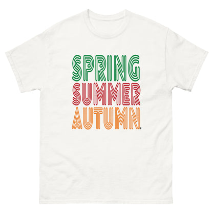 White t-shirt with 'Spring Summer Autumn' text in green, red, and orange on a white background