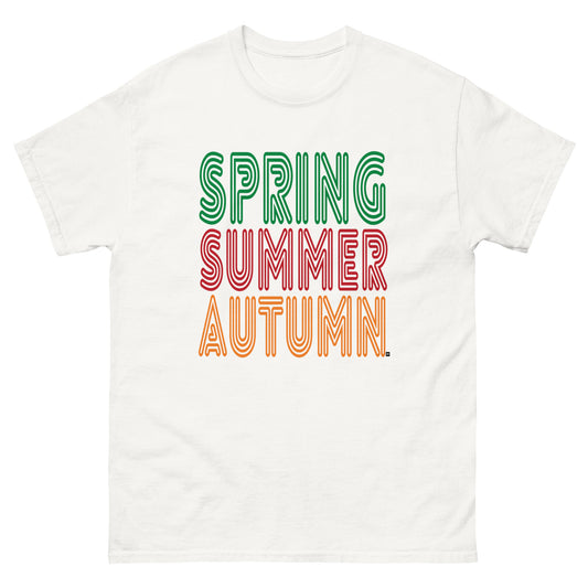 White t-shirt with 'Spring Summer Autumn' text in green, red, and orange on a white background