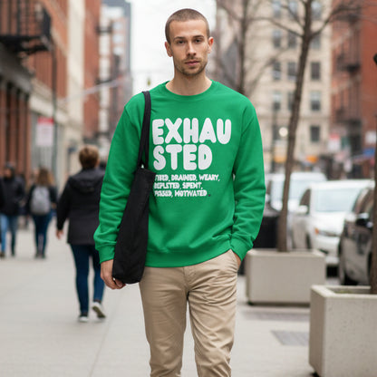 Man walking down a city street wearing the APWT Gift Shop's Exhausted in Green Unisex Crew Neck Sweatshirt from the Exhausted Collection