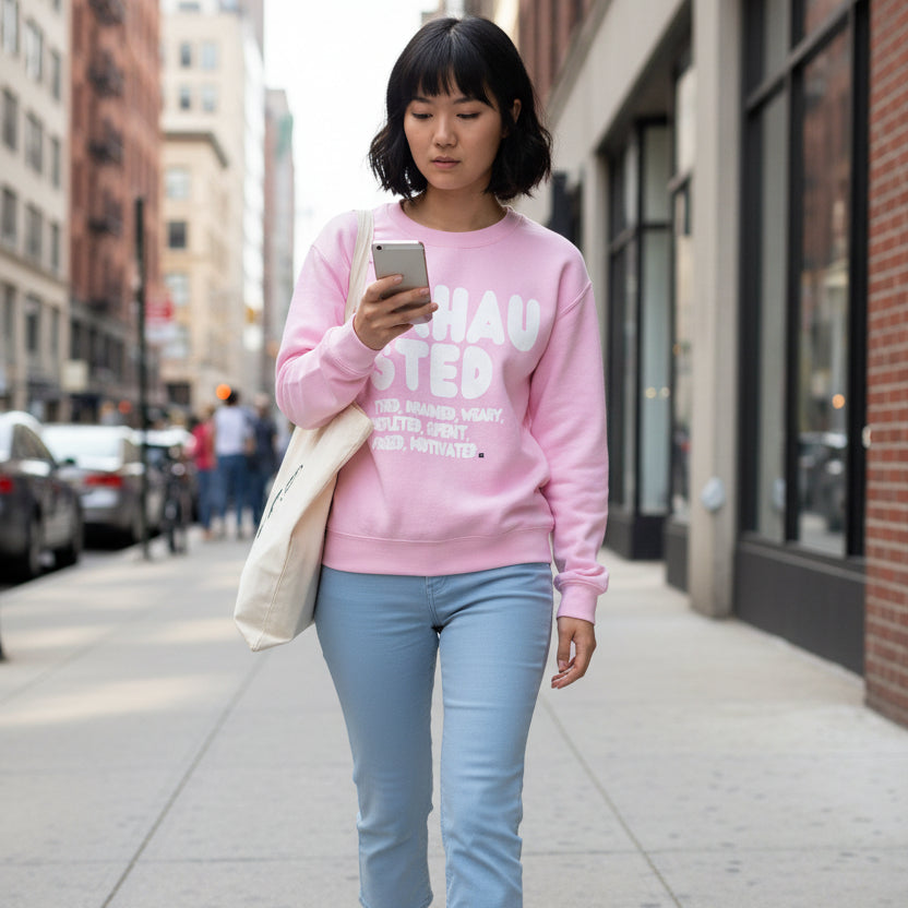 Woman walking down a city street wearing the APWT Gift Shop's Exhausted in Pink Unisex Crew Neck Sweatshirt from the Exhausted Collection