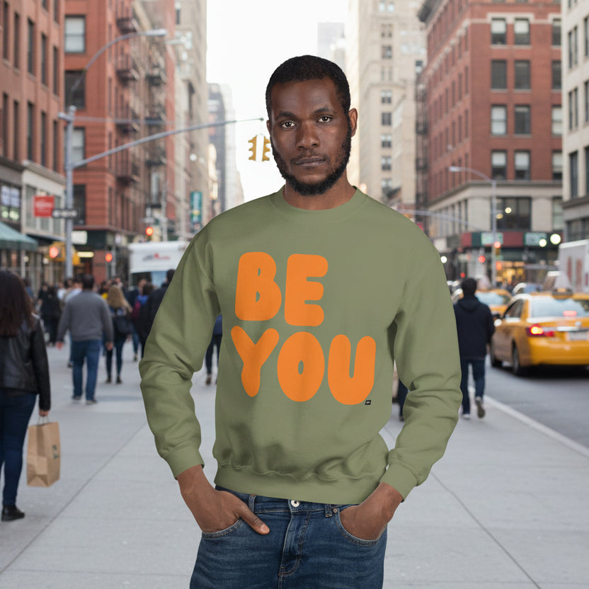 Be You in Olive Green and Orange Unisex Crew Neck Sweatshirt - The APWT Gift Shop