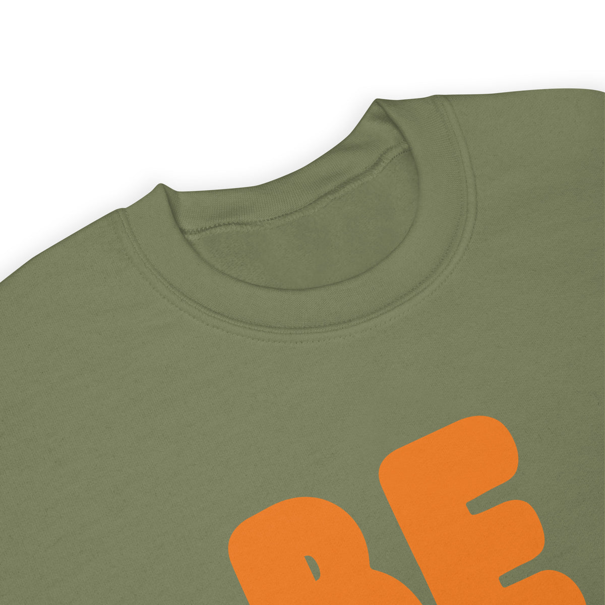 The APWT Gift Shop's Be You in Olive Green and Orange Unisex Crew Neck Sweatshirt from the Be You Collection's neckline