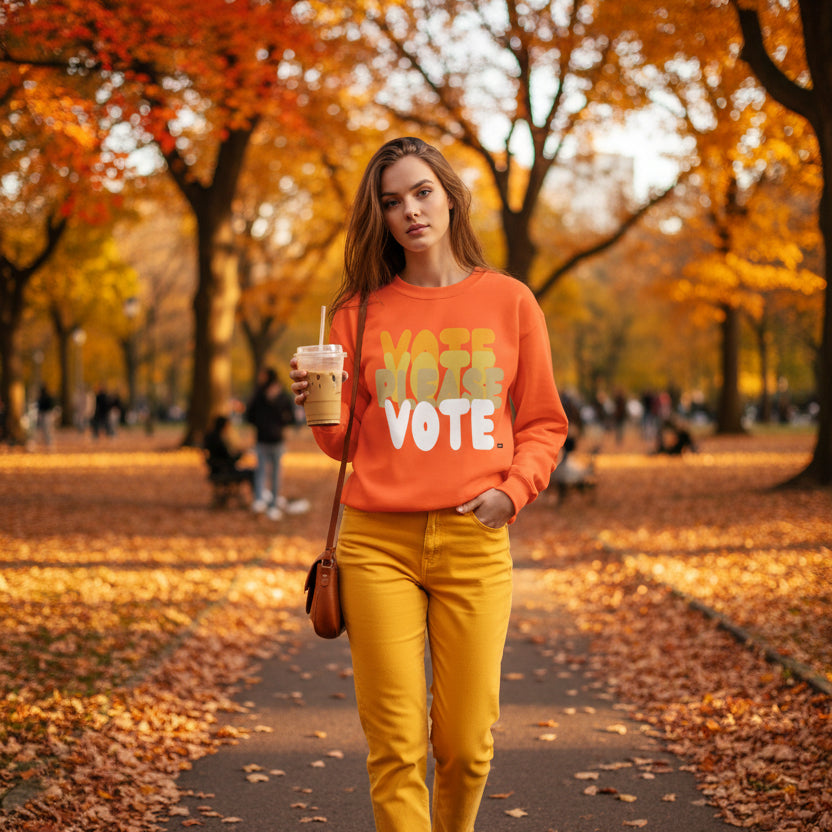 Woman walking through a park on an autumn day wearing the APWT Gift Shop's Please Vote in Safety Cone Orange Unisex Crew Neck Sweatshirt from the APWT Vote Shop