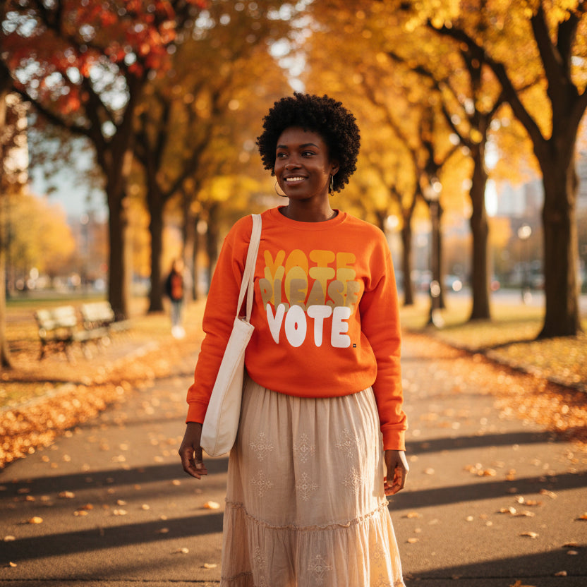 Woman walking through a park on an autumn day wearing the APWT Gift Shop's Please Vote in Safety Cone Orange Unisex Crew Neck Sweatshirt from the APWT Vote Shop