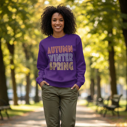 Woman walking through the park wearing the APWT Gift Shop's Fall in Autumn Unisex Crew Neck Sweatshirt from the Day in the Life Collection in Purple