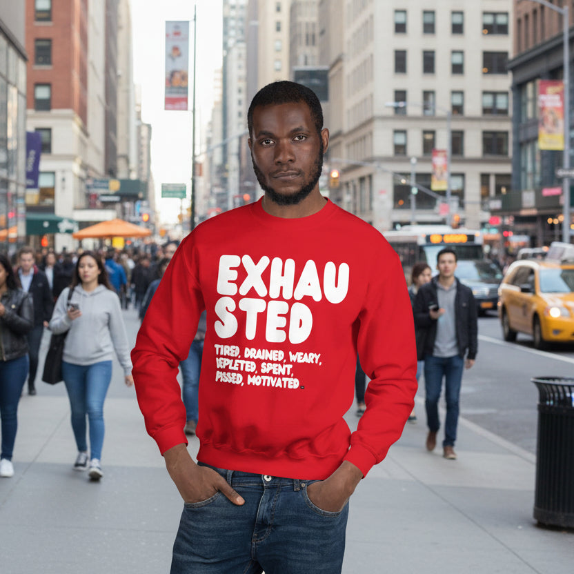 Exhausted in Red and White Unisex Crew Neck Sweatshirt - The APWT Gift Shop