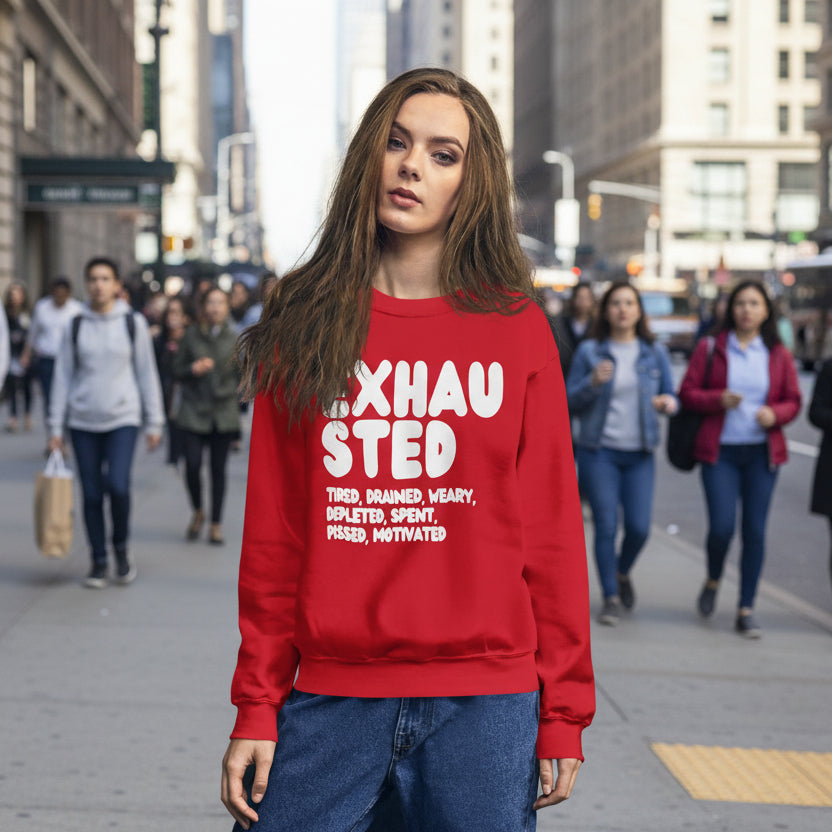 Exhausted in Red and White Unisex Crew Neck Sweatshirt - The APWT Gift Shop