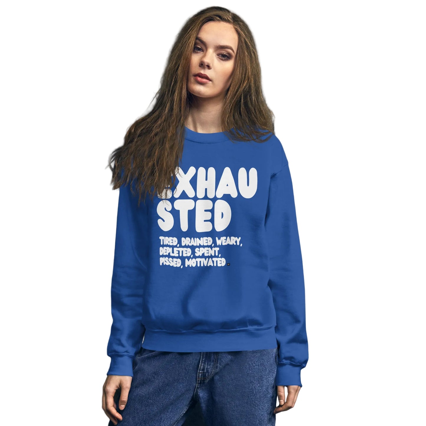 Exhausted in Blue Unisex Crew Neck Sweatshirt - The APWT Gift Shop