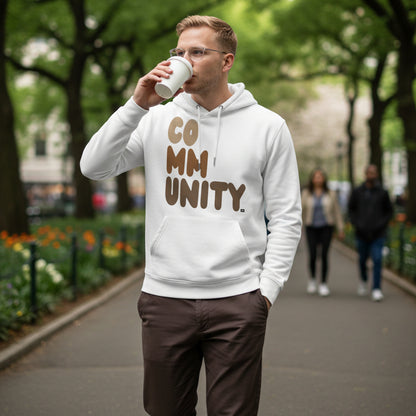 Man wearing The APWT Gift Shop's Our Community Premium Unisex Hoodie from the Community Collection and the Premium Basics Collection in White