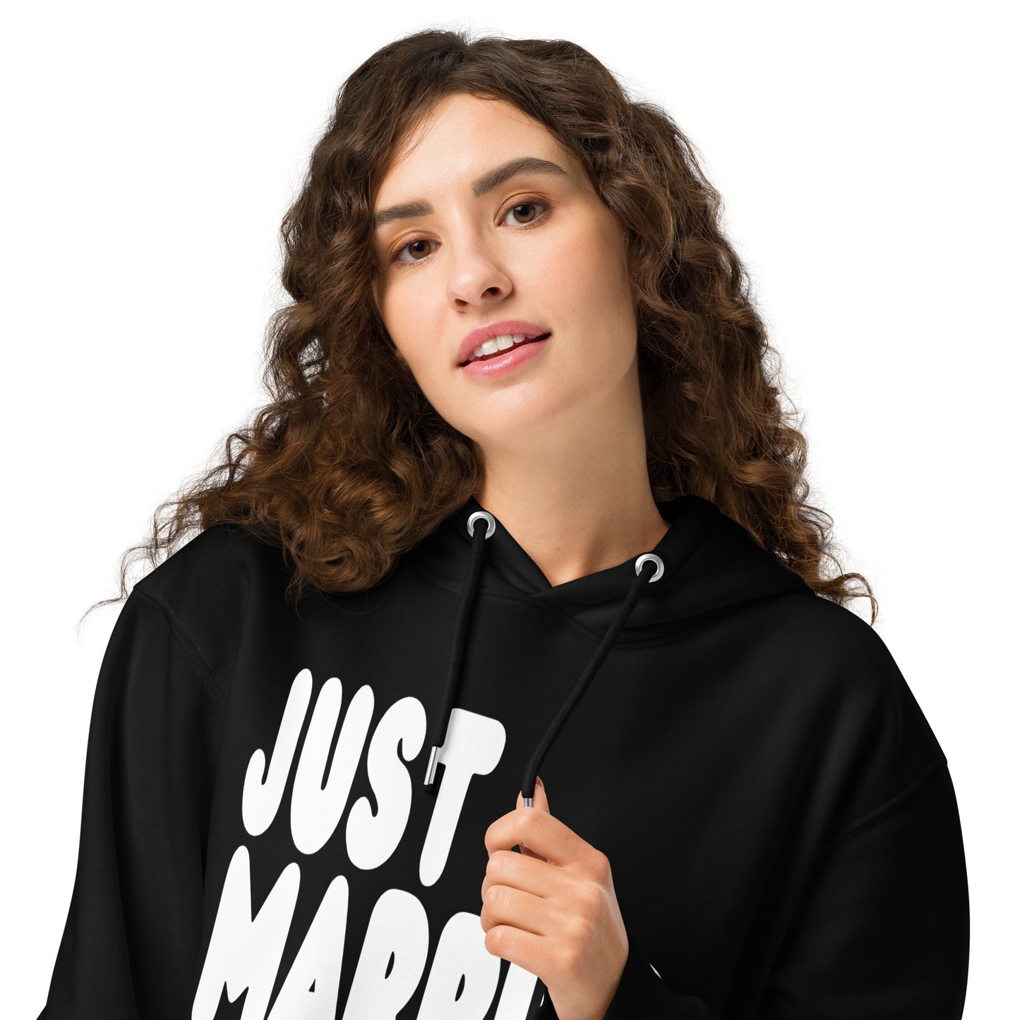 Woman wearing Just Married Premium Unisex Hoodie in Black