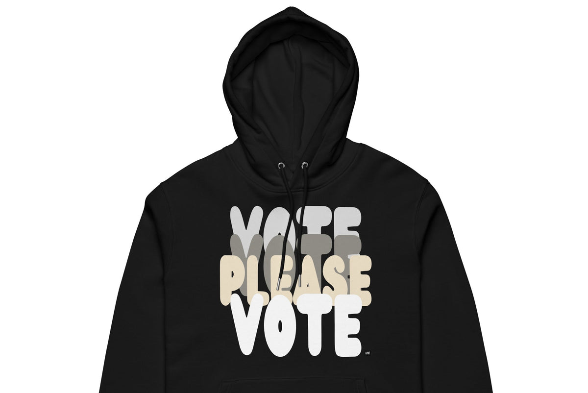 The APWT Gift Shop's Please Vote in Black and White Premium Unisex Hoodie from the APWT Vote Shop and the Premium Basics Collection - Close-Up