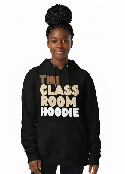 Teen girl wearing the APWT Gift Shop's the Classroom Hoodie Premium Unisex Hoodie from the Day in the Life Collection in Black