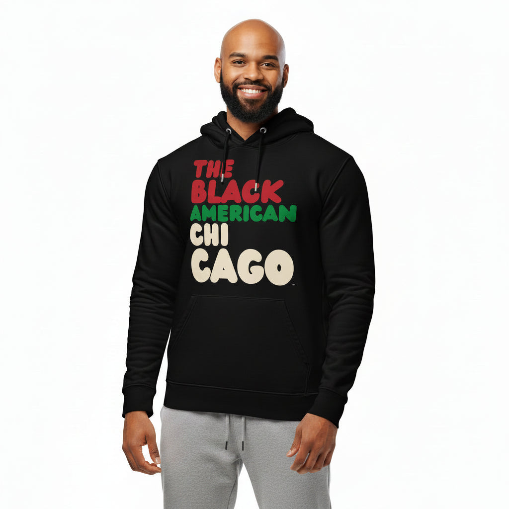 Man wearing the APWT Gift Shop's the Black American Chicago Premium Unisex Hoodie from the Black Collection