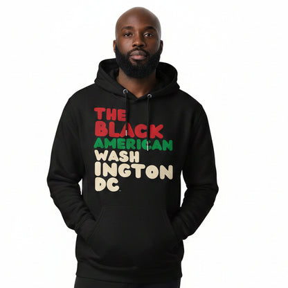 Man wearing the APWT Gift Shop's the Black American Washington DC Premium Unisex Hoodie from the Black Collection