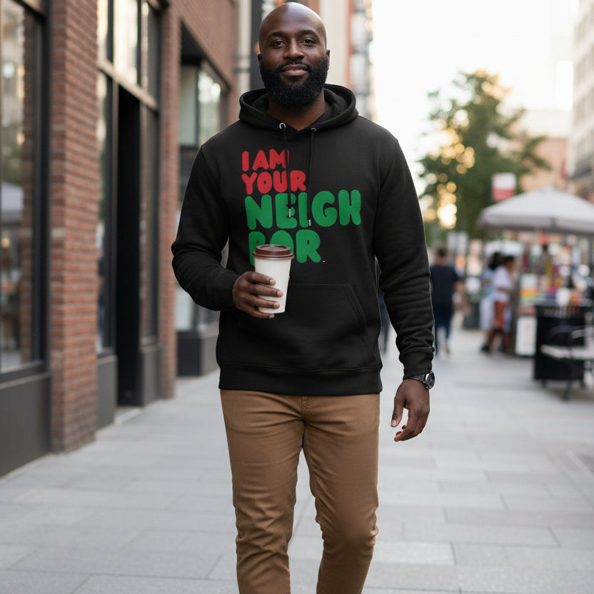Man walking down a city street wearing the APWT Gift Shop's I Am Your Neighbor in Black Premium Unisex Hoodie from the Black Collection and the  Premium Basics Collection