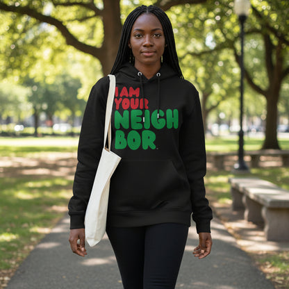 Woman walking through a city park wearing the APWT Gift Shop's I Am Your Neighbor in Black Premium Unisex Hoodie from the Black Collection and the  Premium Basics Collection