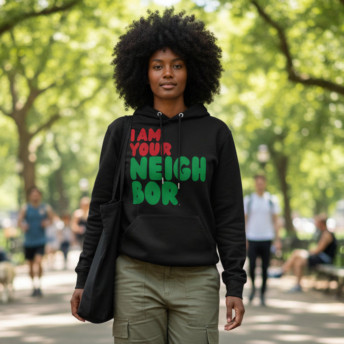 Woman walking through a city park wearing the APWT Gift Shop's I Am Your Neighbor in Black Premium Unisex Hoodie from the Black Collection and the  Premium Basics Collection