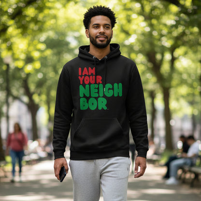 Man walking through a city park wearing the APWT Gift Shop's I Am Your Neighbor in Black Premium Unisex Hoodie from the Black Collection and the  Premium Basics Collection