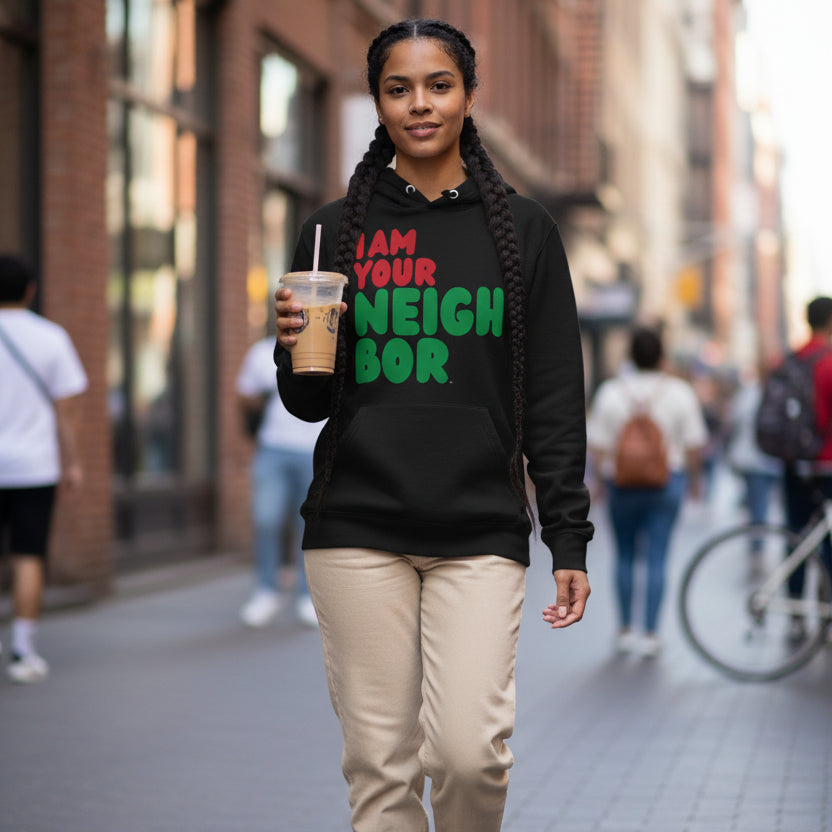 Woman walking down a city street wearing the APWT Gift Shop's I Am Your Neighbor in Black Premium Unisex Hoodie from the Black Collection and the  Premium Basics Collection
