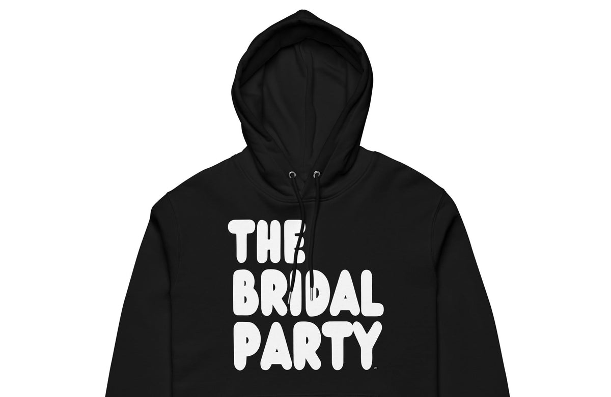 The APWT Gift Shop's the Bridal Party Premium Unisex Hoodie from the APWT Wedding Shop in Black - Close-Up of neckline