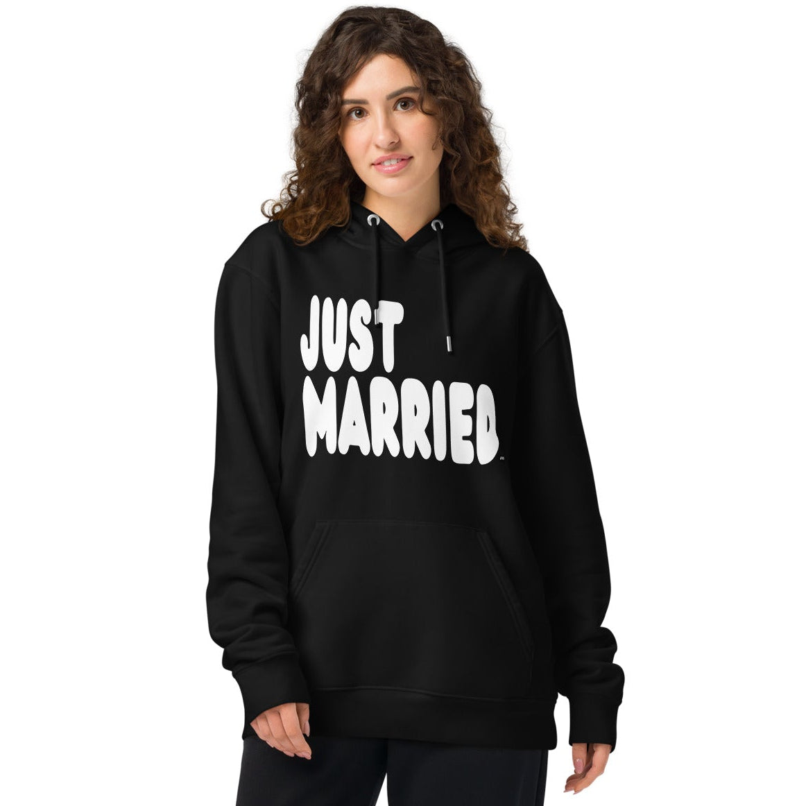 Woman wearing Just Married Premium Unisex Hoodie in Black