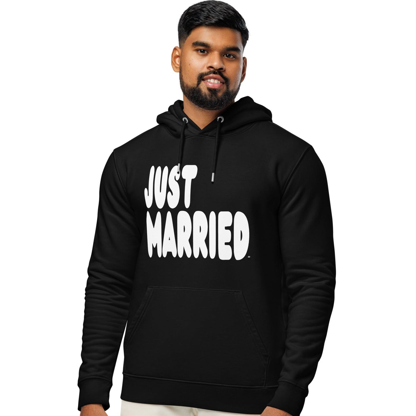 Man wearing Just Married Premium Unisex Hoodie in Black