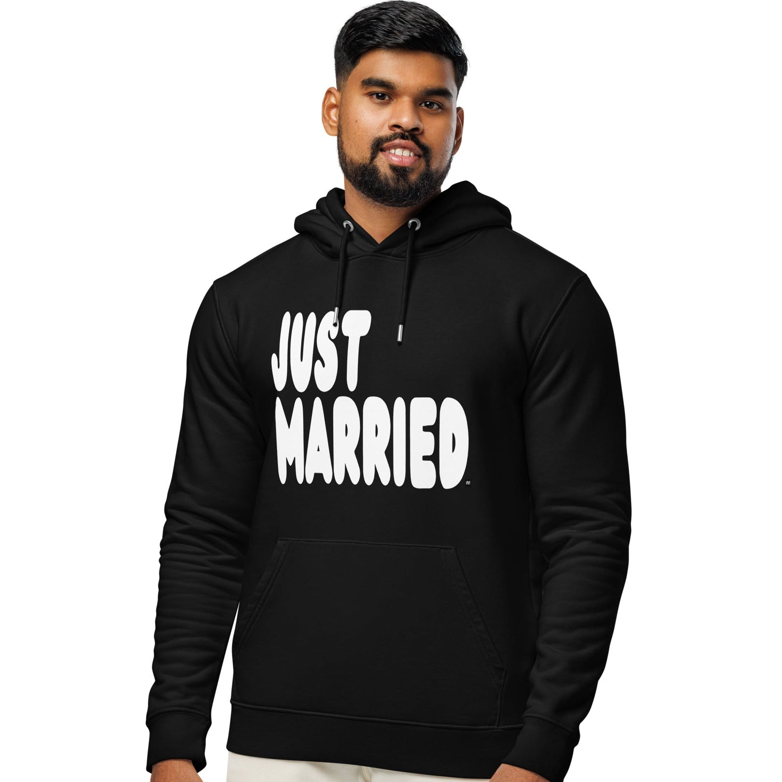 Man wearing Just Married Premium Unisex Hoodie in Black