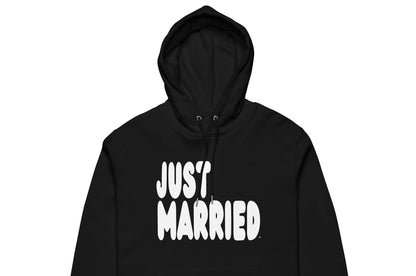 the APWT Gift Shop's Just Married Premium Unisex Hoodie from the APWT Wedding Shop and the Premium Basics Collection in black - Close-Up