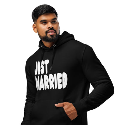 Man wearing Just Married Premium Unisex Hoodie in Black