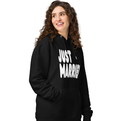 Woman wearing Just Married Premium Unisex Hoodie in Black