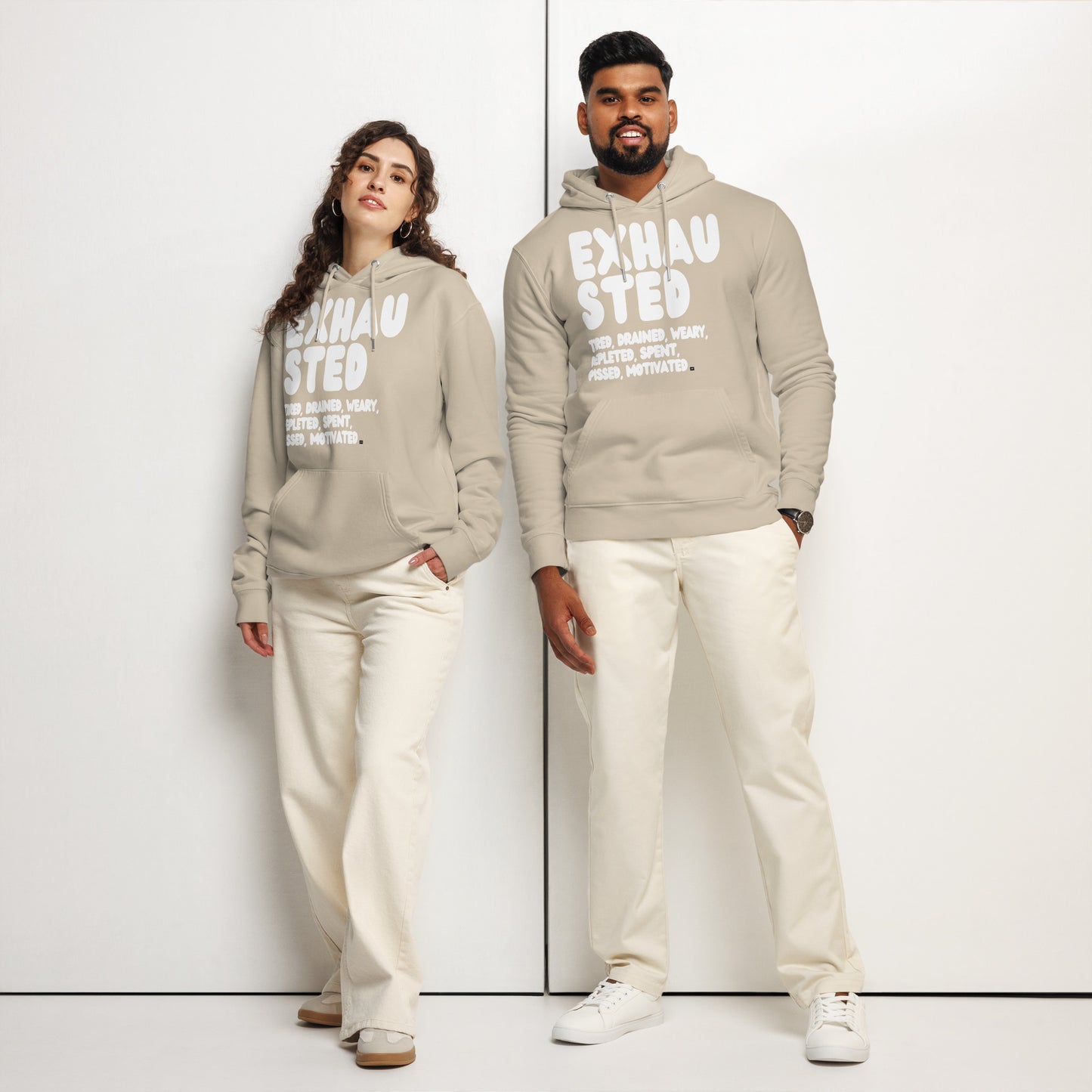 Exhausted in Beige and White Premium Unisex Hoodie