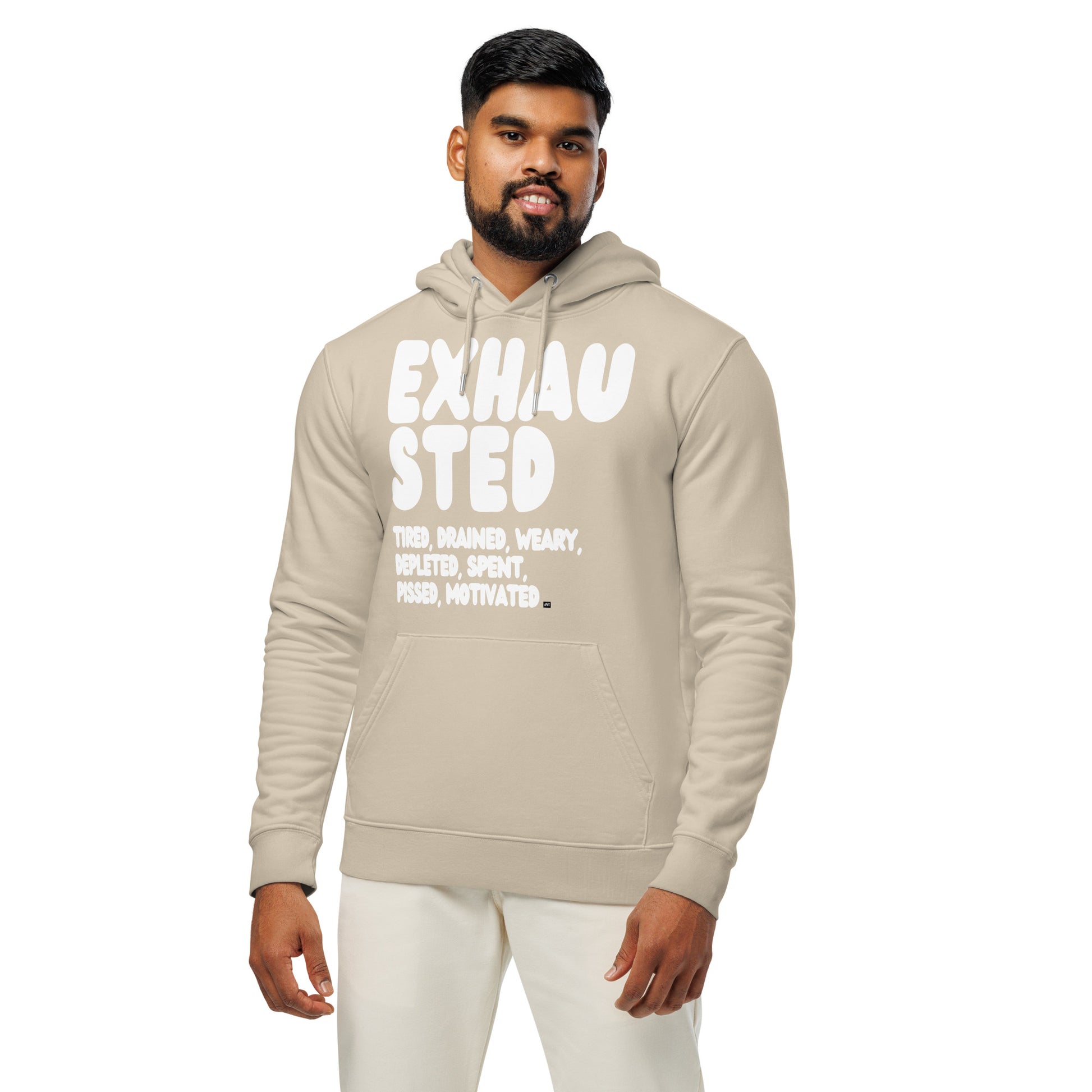 Exhausted in Beige and White Premium Unisex Hoodie - The APWT Gift Shop