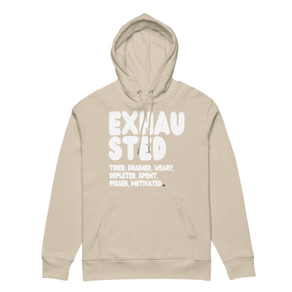 Exhausted in Beige and White Premium Unisex Hoodie - The APWT Gift Shop