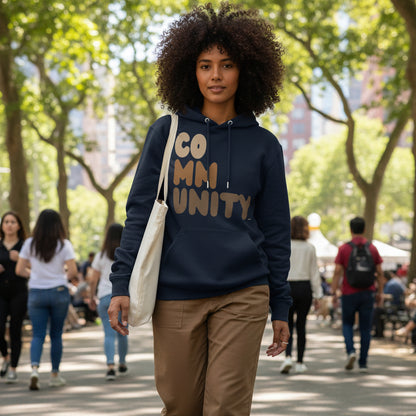 Woman wearing The APWT Gift Shop's Our Community Premium Unisex Hoodie from the Community Collection and the Premium Basics Collection in Navy Blue