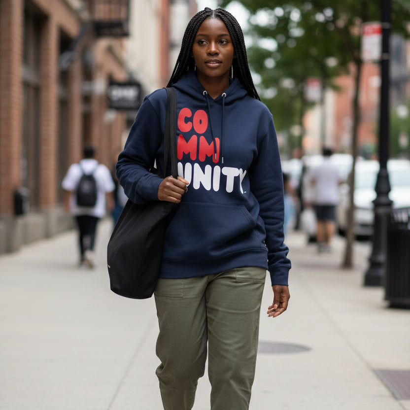 Woman walking down a city sidewalk wearing the APWT Gift Shop's Community Fracture Premium Unisex Hoodie from the Community Collection and the Premium Basics Collection