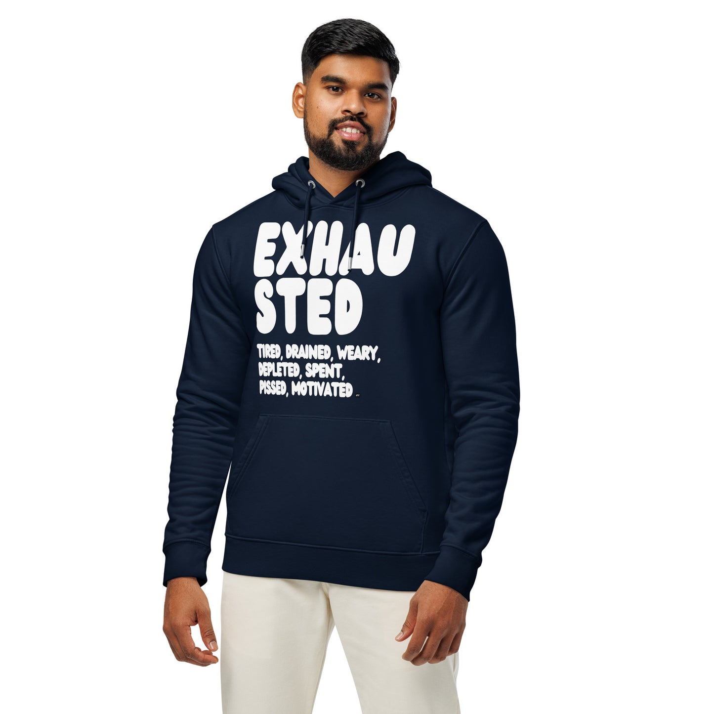 Exhausted in Blue and White Premium Unisex Hoodie - The APWT Gift Shop