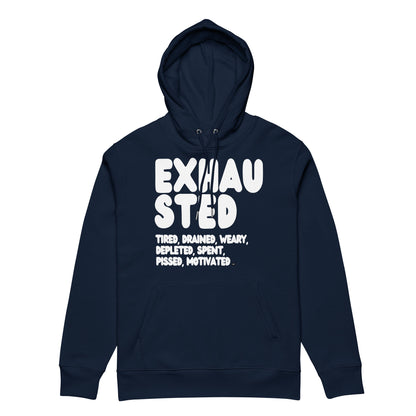 Exhausted in Blue and White Premium Unisex Hoodie - The APWT Gift Shop