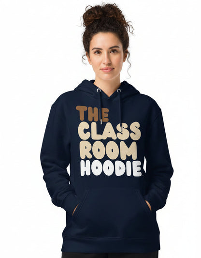 Woman wearing the APWT Gift Shop's the Classroom Hoodie Premium Unisex Hoodie from the Day in the Life Collection in Navy Blue