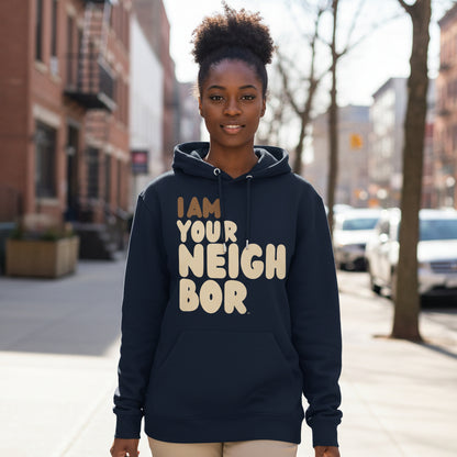 Woman walking down a city street wearing the APWT Gift Shop's I Am Your Neighbor Premium Unisex Hoodie from the Day in the Life Collection and the Premium Basics Collection in Navy Blue