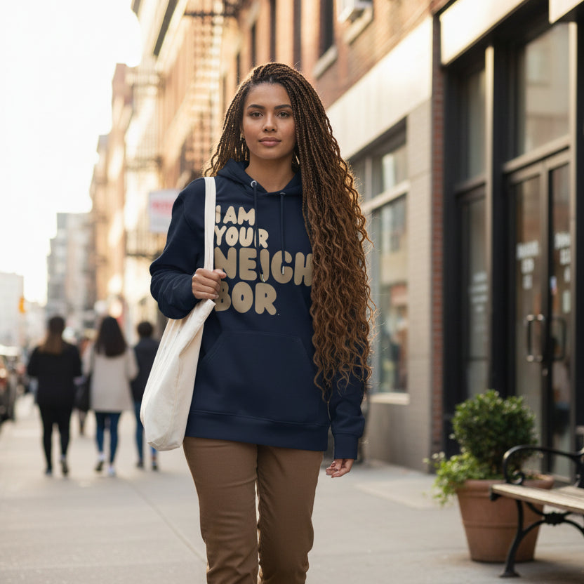 Woman walking down a city street wearing the APWT Gift Shop's I Am Your Neighbor in Brown Premium Unisex Hoodie from the Day in the Life Collection and the Premium Basics Collection in Navy Blue