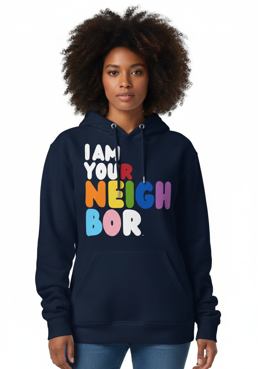 Woman wearing the APWT Gift Shop's I Am Your Neighbor Premium Unisex Hoodie in Navy Blue