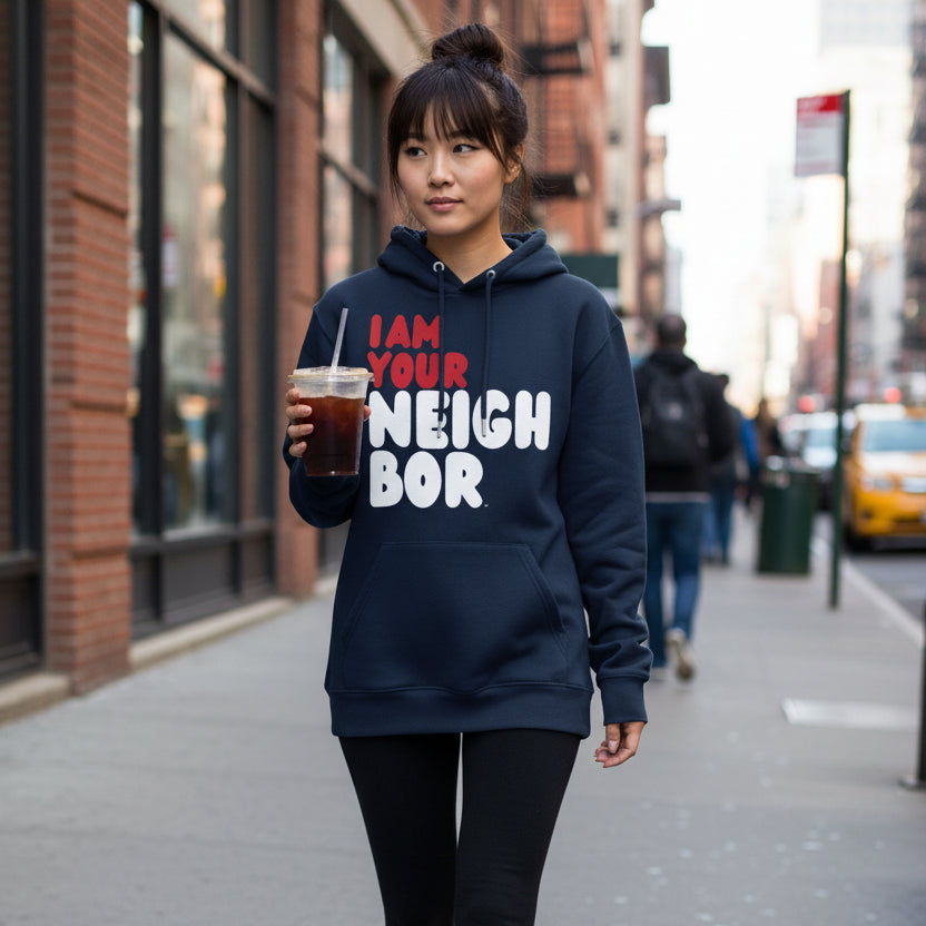 Woman walking down a city street wearing the APWT Gift Shop's I Am Your Neighbor in Turmoil Premium Unisex Hoodie from the Day in the Life Collection and the Premium Basics Collection