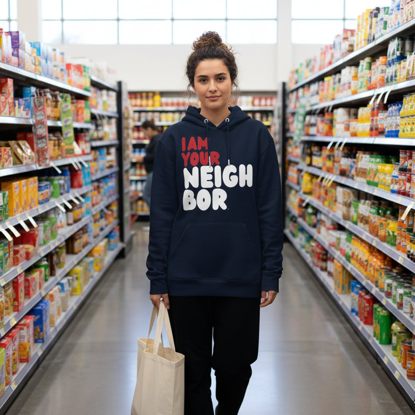 woman walking through a supermarket aisle wearing the APWT Gift Shop's I Am Your Neighbor in Turmoil Premium Unisex Hoodie from the Day in the Life Collection and the Premium Basics Collection